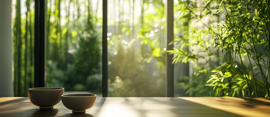 Serene acupuncture clinic interior at RedTree with ceramic bowls on wooden table